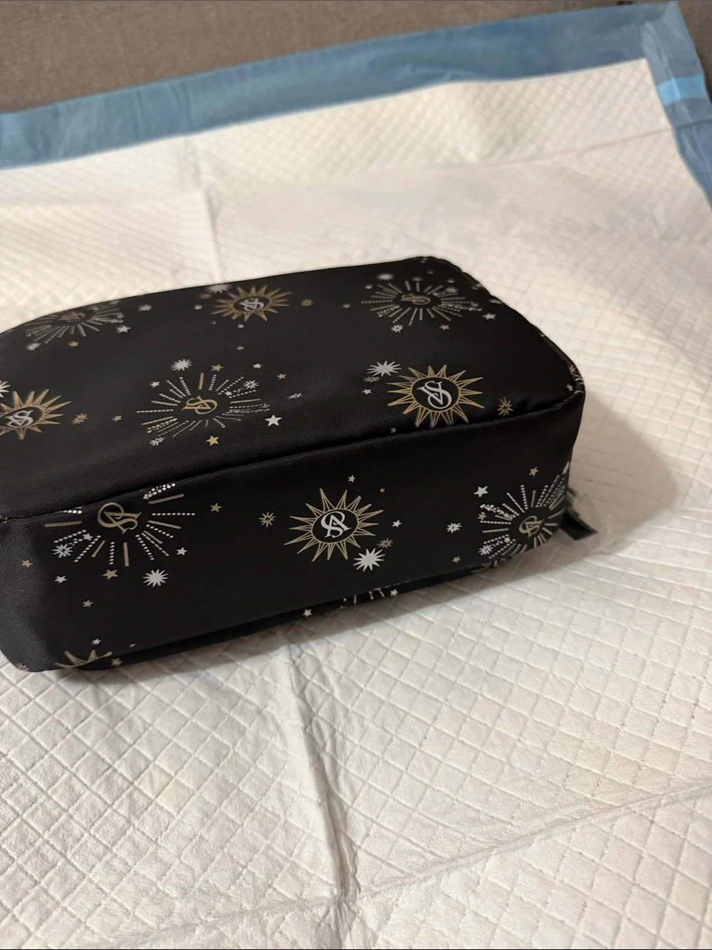 Victoria's Secret Black Cosmetic Pouch with Gold & Silver Starburst Print
